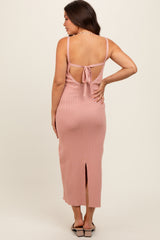 Mauve Knit Open Tie Back Maternity Midi Dress