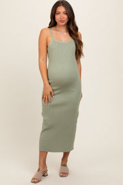 Light Olive Knit Open Tie Back Maternity Midi Dress