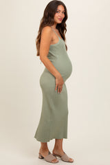 Light Olive Knit Open Tie Back Maternity Midi Dress