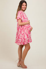 Pink Button Down Pleated Leaf Print Maternity Dress