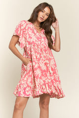 Pink Button Down Pleated Leaf Print Maternity Dress