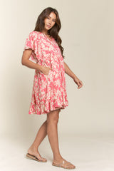 Pink Button Down Pleated Leaf Print Dress