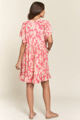 Pink Button Down Pleated Leaf Print Dress