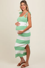 Light Olive Bow Shoulder Stripe Sweater Maternity Maxi Dress