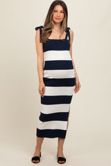 Navy Bow Shoulder Stripe Sweater Maternity Maxi Dress