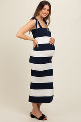 Navy Bow Shoulder Stripe Sweater Maternity Maxi Dress