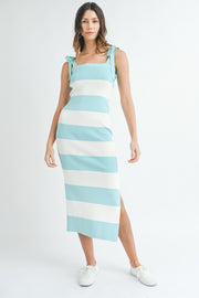 Light Blue Bow Shoulder Stripe Sweater Maxi Dress