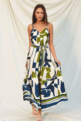 Navy Abstract Print Satin Waist Tie Dress