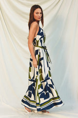 Navy Abstract Print Satin Waist Tie Dress