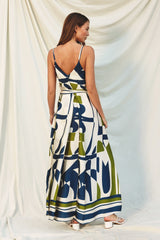 Navy Abstract Print Satin Waist Tie Dress