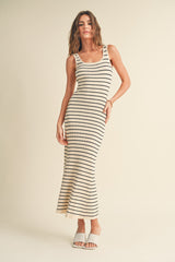 Cream Striped Pattern Sleeveless Knitted Long Dress