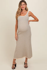 Cream Striped Pattern Sleeveless Knitted Maternity Long Dress