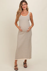 Cream Striped Pattern Sleeveless Knitted Maternity Long Dress