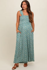 Teal Floral Flowy Maternity Jumpsuit