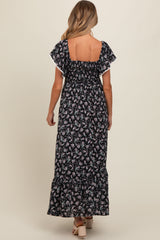 Black Floral Smocked Crochet Trim Maternity Dress