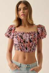 Soft Pink-Apricot Floral Chiffon Puff-Sleeve Cropped Corset Top