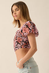 Soft Pink-Apricot Floral Chiffon Puff-Sleeve Cropped Corset Top