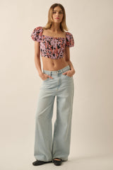 Soft Pink-Apricot Floral Chiffon Puff-Sleeve Cropped Corset Top