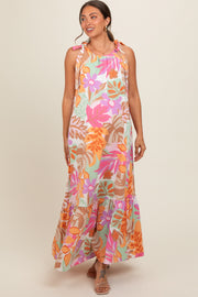 Pink Floral Shoulder Tie Empire Maternity Maxi Dress