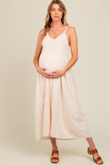 Cream V-Neck Crochet Top Maternity Midi Dress