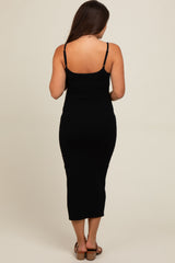 Black Fitted Spaghetti Strap Maternity Midi Dress