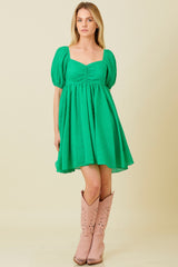 Green Textured Puff Sleeve Sweetheart Neckline Dress