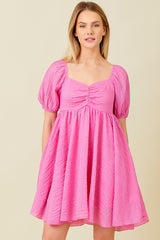 Pink Textured Puff Sleeve Sweetheart Neckline Dress