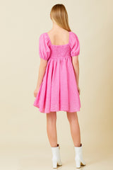 Pink Textured Puff Sleeve Sweetheart Neckline Dress