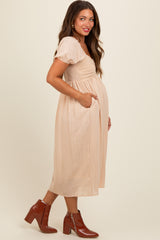 Cream Crochet Puff Sleeve Maternity Midi Dress