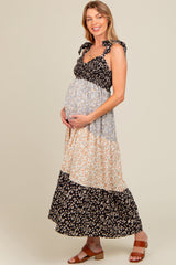 Multicolor Floral Colorblock Tier Shoulder Tie Maternity Maxi Dress