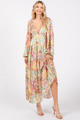 Multi-Color Floral Metallic Striped Tiered Long Puff Sleeve Maxi Dress