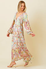 Multi-Color Floral Metallic Striped Tiered Long Puff Sleeve Maternity Maxi Dress