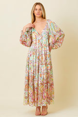 Multi-Color Floral Metallic Striped Tiered Long Puff Sleeve Maxi Dress