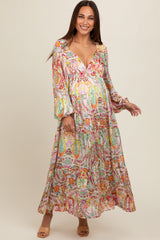 Multi-Color Floral Metallic Striped Tiered Long Puff Sleeve Maternity Maxi Dress