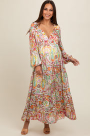 Multi-Color Floral Metallic Striped Tiered Long Puff Sleeve Maternity Maxi Dress