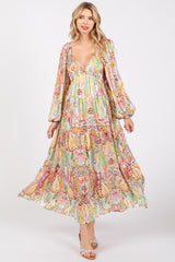 Multi-Color Floral Metallic Striped Tiered Long Puff Sleeve Maxi Dress