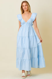 Light Blue Ruffle Trim Maxi Dress