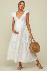 White Ruffle Trim Maternity Maxi Dress