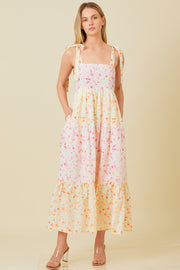 Multi-Color Floral Square Neck Shoulder Tie Tiered Midi Dress