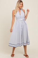 White Striped Halter Maternity Midi Shirt Dress