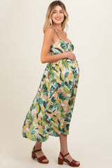 Green Leaf Print Open Back Maternity Midi Dress