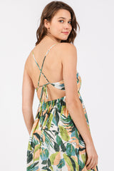 Green Leaf Print Open Back Midi Dress