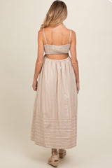 Beige Striped Cutout Back Maternity Maxi Dress