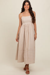 Beige Striped Cutout Back Maxi Dress