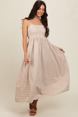 Beige Striped Cutout Back Maxi Dress