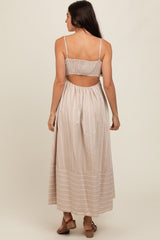 Beige Striped Cutout Back Maxi Dress