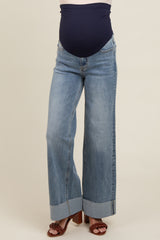 Blue Straight Cuffed Maternity Jeans