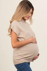 Beige Mock Neck Knit Maternity Top