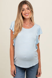 Light Blue Striped Ruffle Sleeve Maternity Top