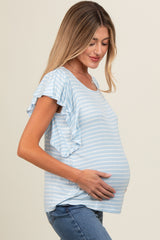 Light Blue Striped Ruffle Sleeve Maternity Top